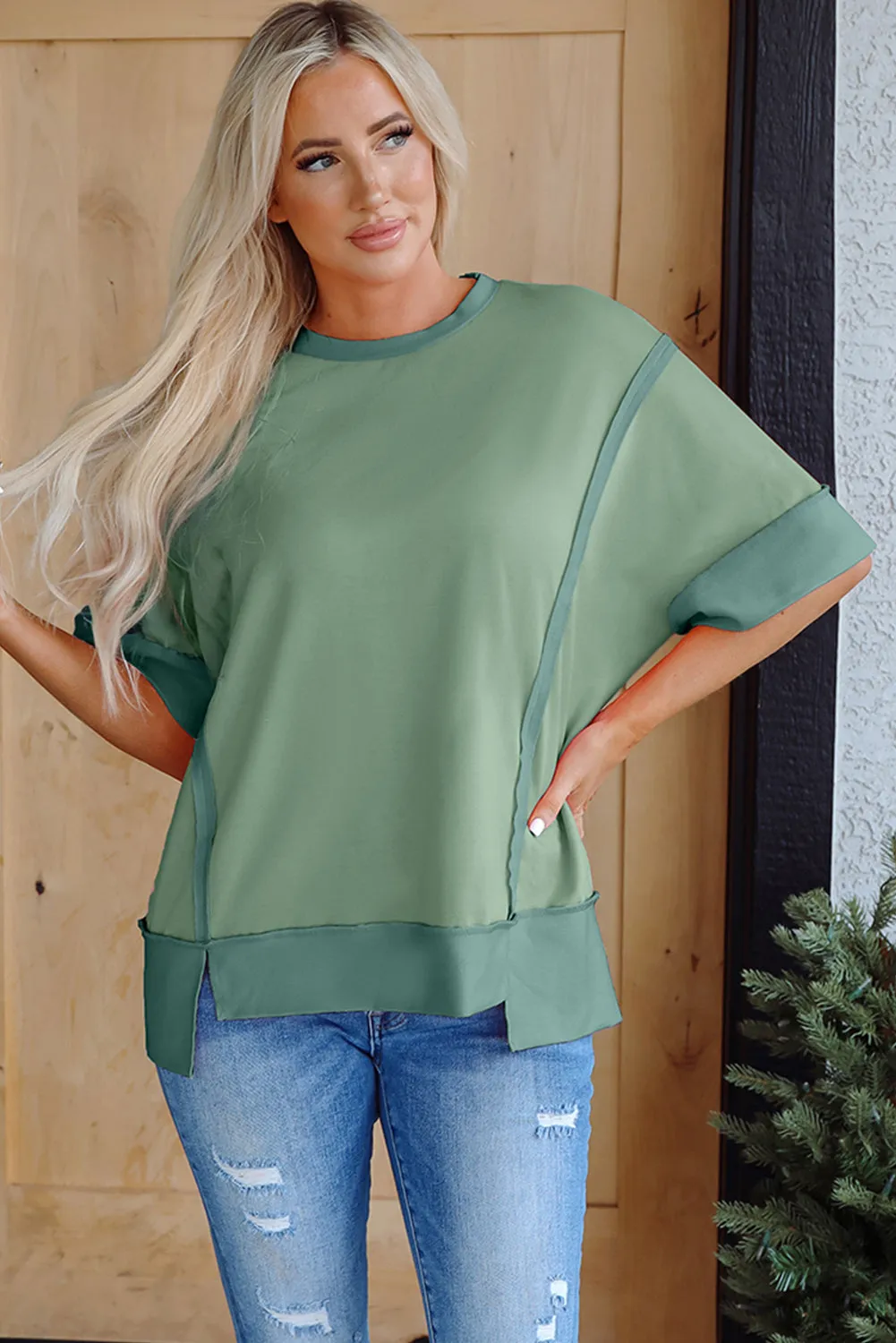 Green Half Sleeve Raw Seam High Low Side Split Top sold by eAura product image thumbnail 4