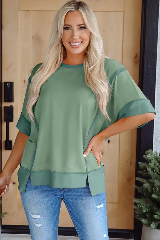 Green Half Sleeve Raw Seam High Low Side Split Top sold by eAura