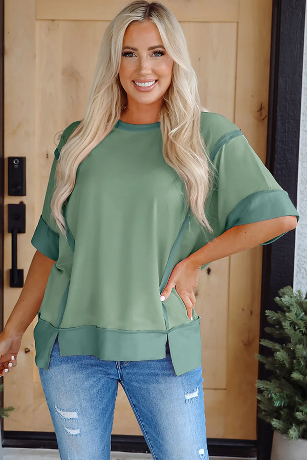 Green Half Sleeve Raw Seam High Low Side Split Top sold by eAura