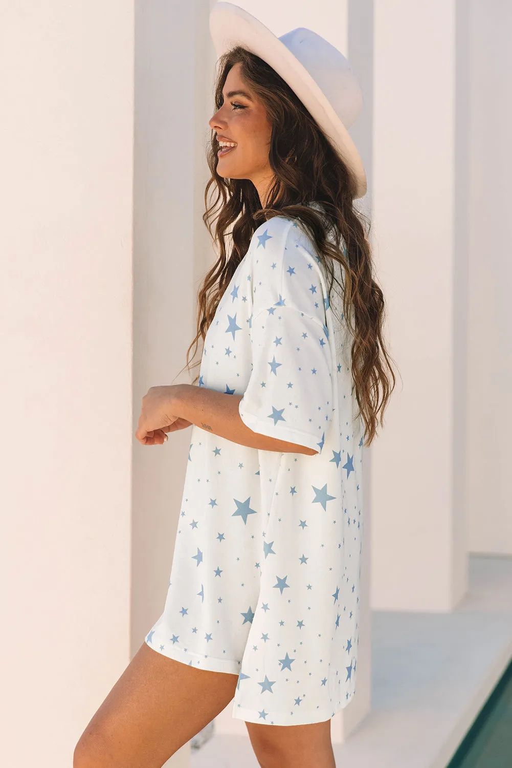 Blue Stars Print Drop Shoulder Oversized T Shirt with Slits sold by eAura product image thumbnail 3