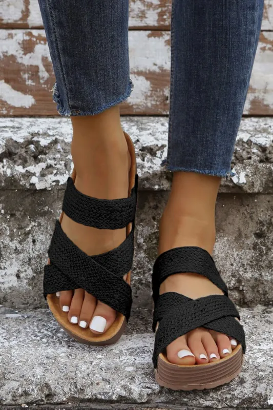 Black Woven Criss Cross Strap Platform Slides Sandals sold by eAura