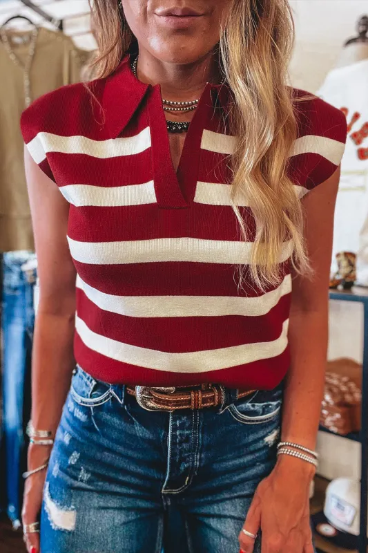 Red Stripe Collared Split Neck Sleeveless Sweater sold by eAura
