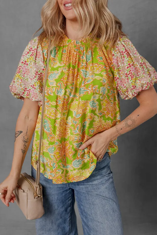 Paisley Print Contrast Bubble Sleeve Patchwork Blouse sold by eAura