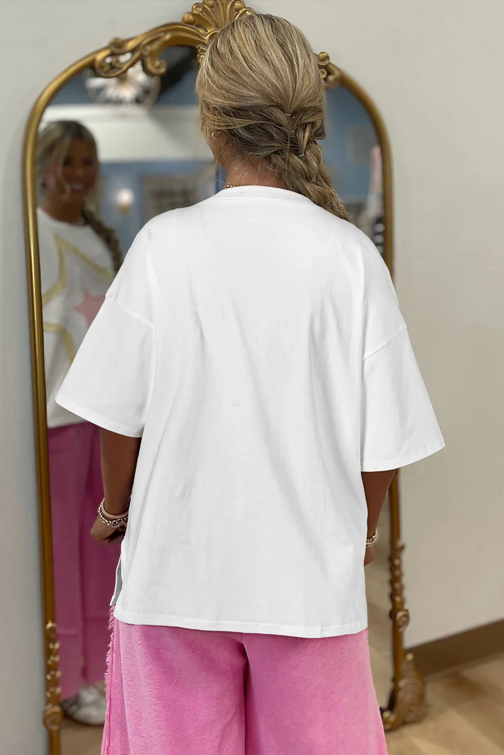 White Star Layered Patched Graphic Drop Shoulder Half Sleeve Loose Tee sold by eAura product image thumbnail 2