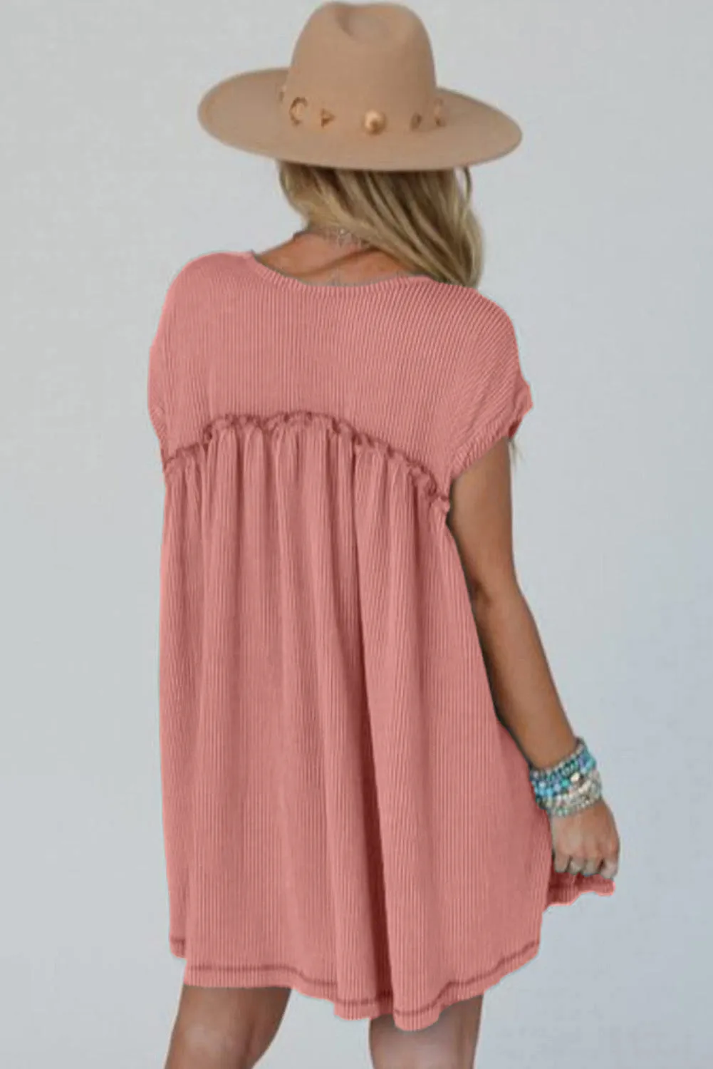 Dusty Pink Cord Textured Swing Mini Dress with Pockets sold by eAura product image thumbnail 2