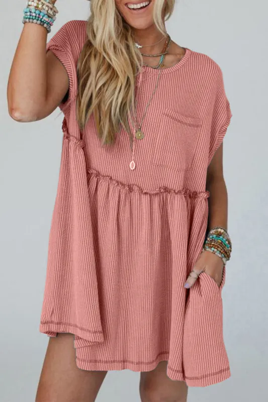 Dusty Pink Cord Textured Swing Mini Dress with Pockets sold by eAura