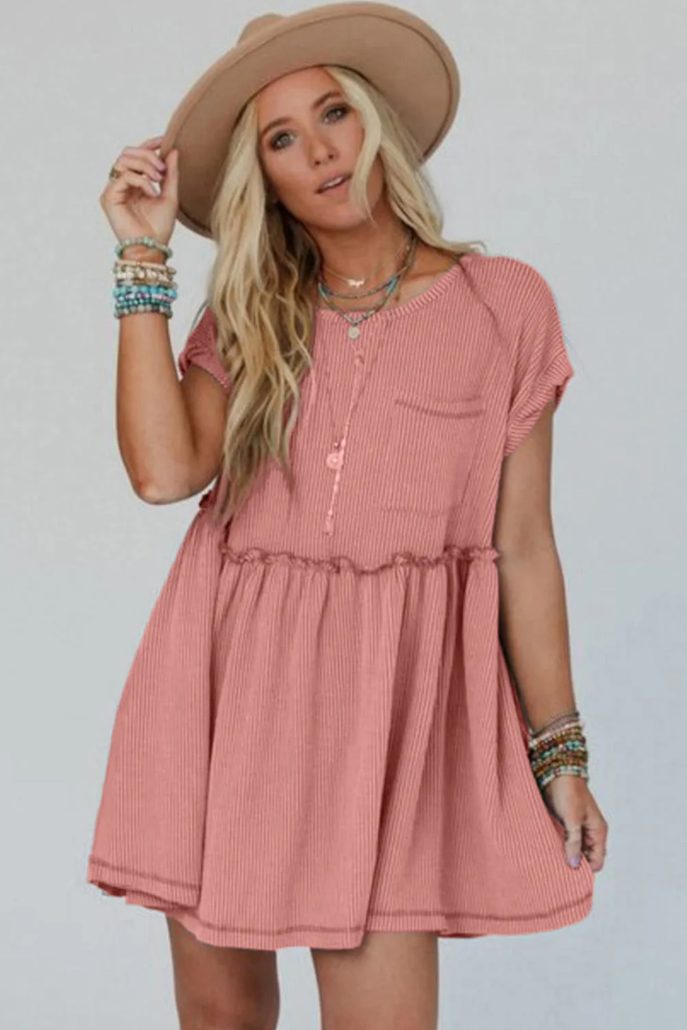 Dusty Pink Cord Textured Swing Mini Dress with Pockets sold by eAura product image thumbnail 3