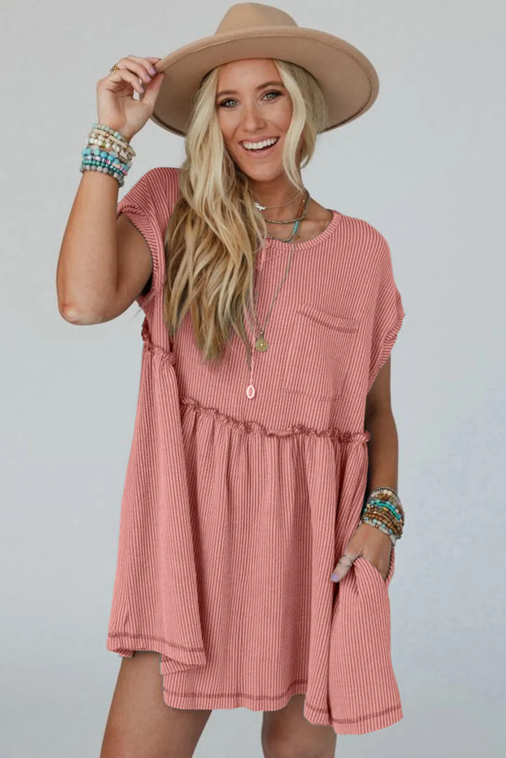 Dusty Pink Cord Textured Swing Mini Dress with Pockets sold by eAura product image thumbnail 5