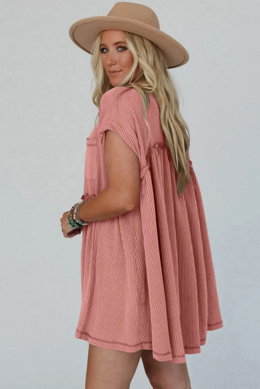 Dusty Pink Cord Textured Swing Mini Dress with Pockets sold by eAura product image thumbnail 4