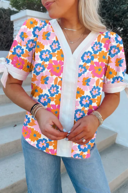 White Floral Striped Edge V Neck Knotted Short Sleeve Blouse sold by eAura