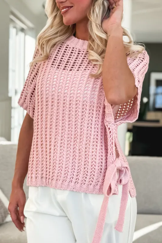 Side Tie Hollow-out Crochet Knit Top sold by eAura