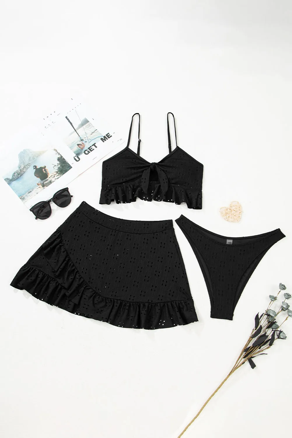 Black Eyelet Pattern Knotted Ruffle Trim 3pcs Bikini Set sold by eAura product image thumbnail 3
