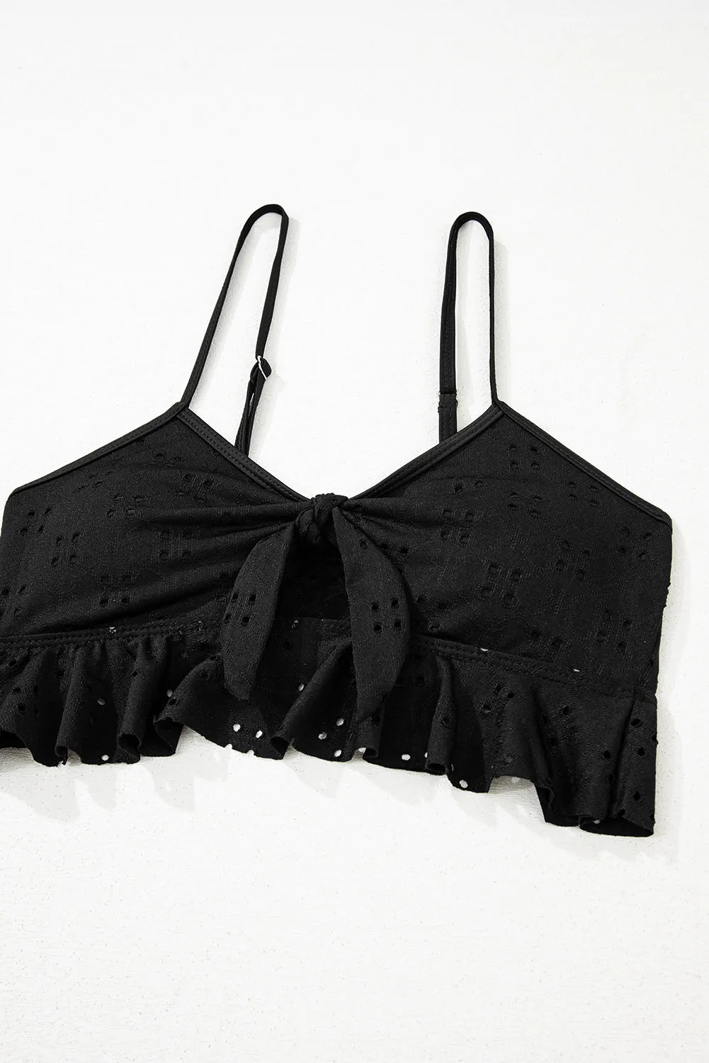 Black Eyelet Pattern Knotted Ruffle Trim 3pcs Bikini Set sold by eAura product image thumbnail 5