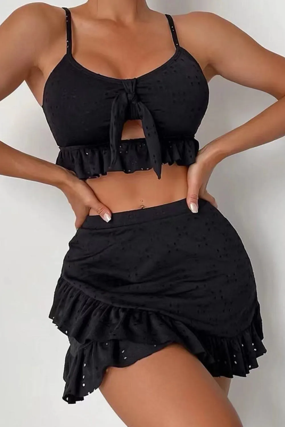 Black Eyelet Pattern Knotted Ruffle Trim 3pcs Bikini Set sold by eAura