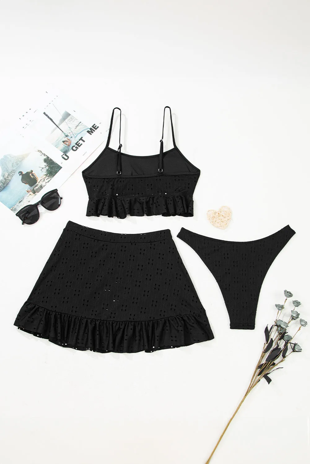 Black Eyelet Pattern Knotted Ruffle Trim 3pcs Bikini Set sold by eAura product image thumbnail 4