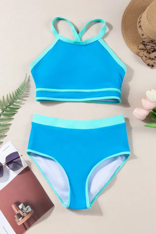 Blue Contrast Trim Crisscross Back High Waisted Bikini sold by eAura