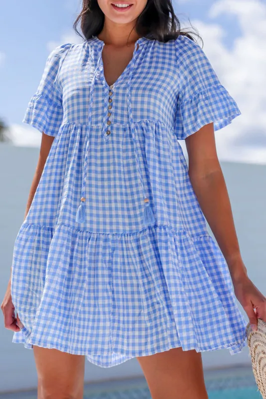 Sky Blue Gingham Short Sleeve Button Tie Split Neck Loose Mini Dress sold by eAura