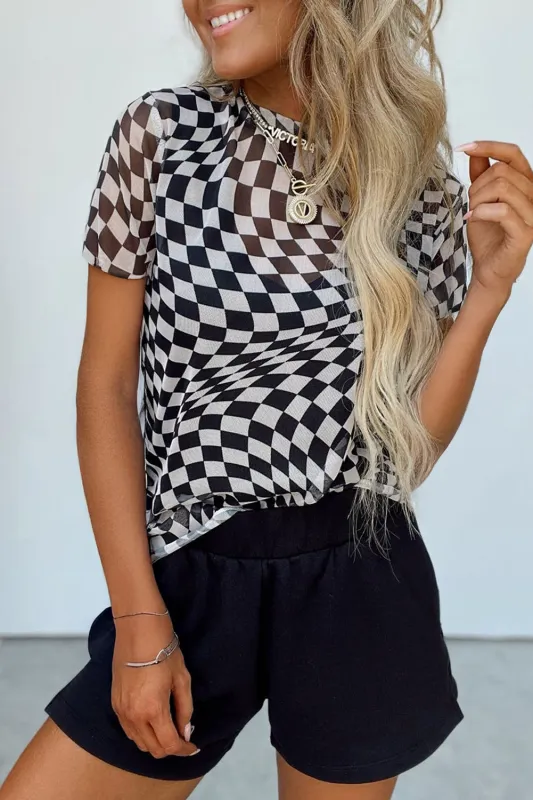 Black Checker Mesh Crew Neck T Shirt sold by eAura