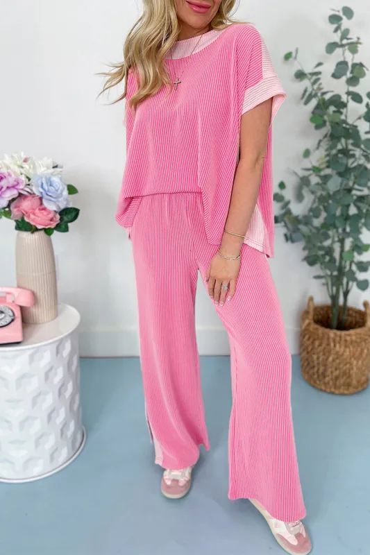 Sachet Pink 2-tone Patchwork Ribbed Co-ord Outfit sold by eAura