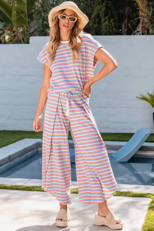 Pink Stripe Rainbow Tee Tasseled String Wide Leg Trousers Co-ord sold by eAura