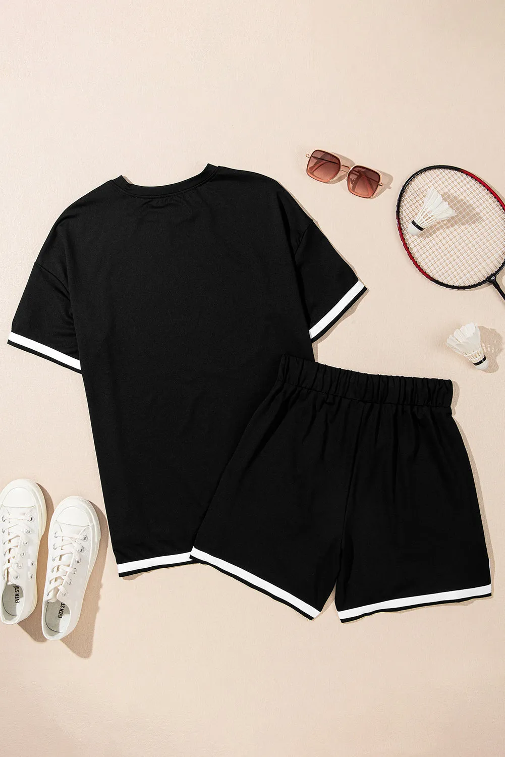 Black Contrast Trim Tee and Shorts Set Co-ord sold by eAura product image thumbnail 5