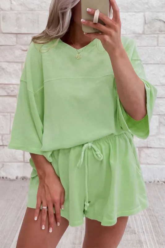 Meadow Mist Green Solid Loose V Neck Half Sleeve Tee and Shorts sold by eAura