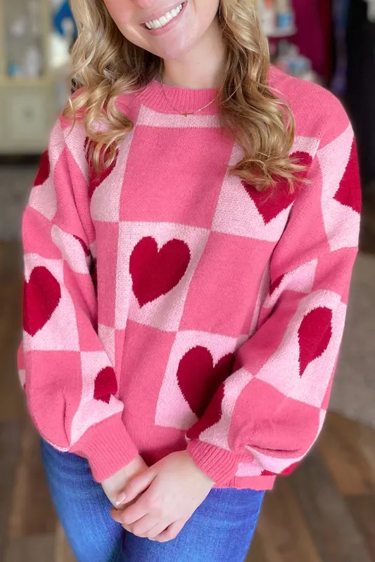 Pink Love Heart Checkered Valentine Crew Neck Sweater sold by eAura