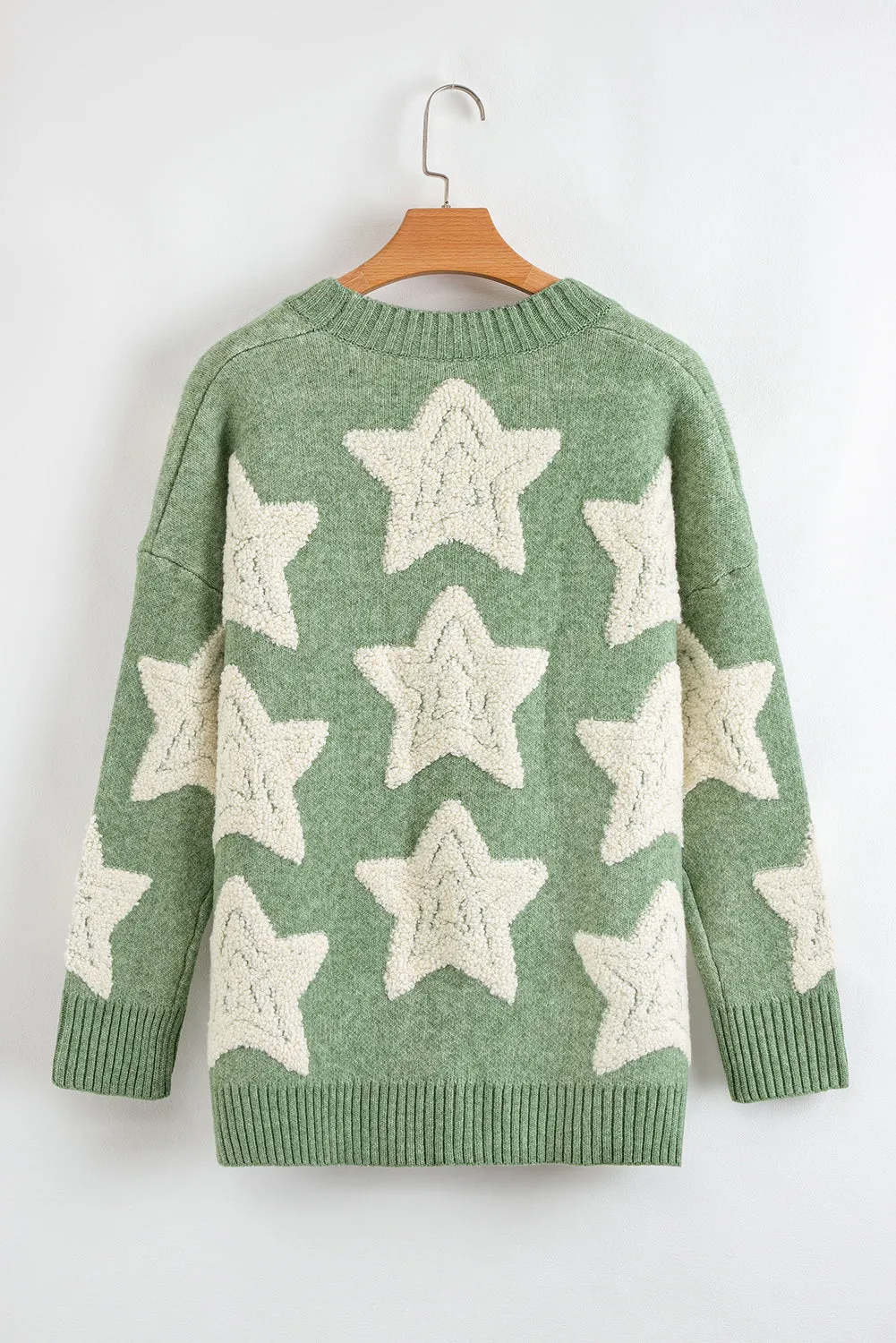 Green Sherpa Star Pattern Textured Sweater Cardigan with Pockets sold by eAura product image thumbnail 5