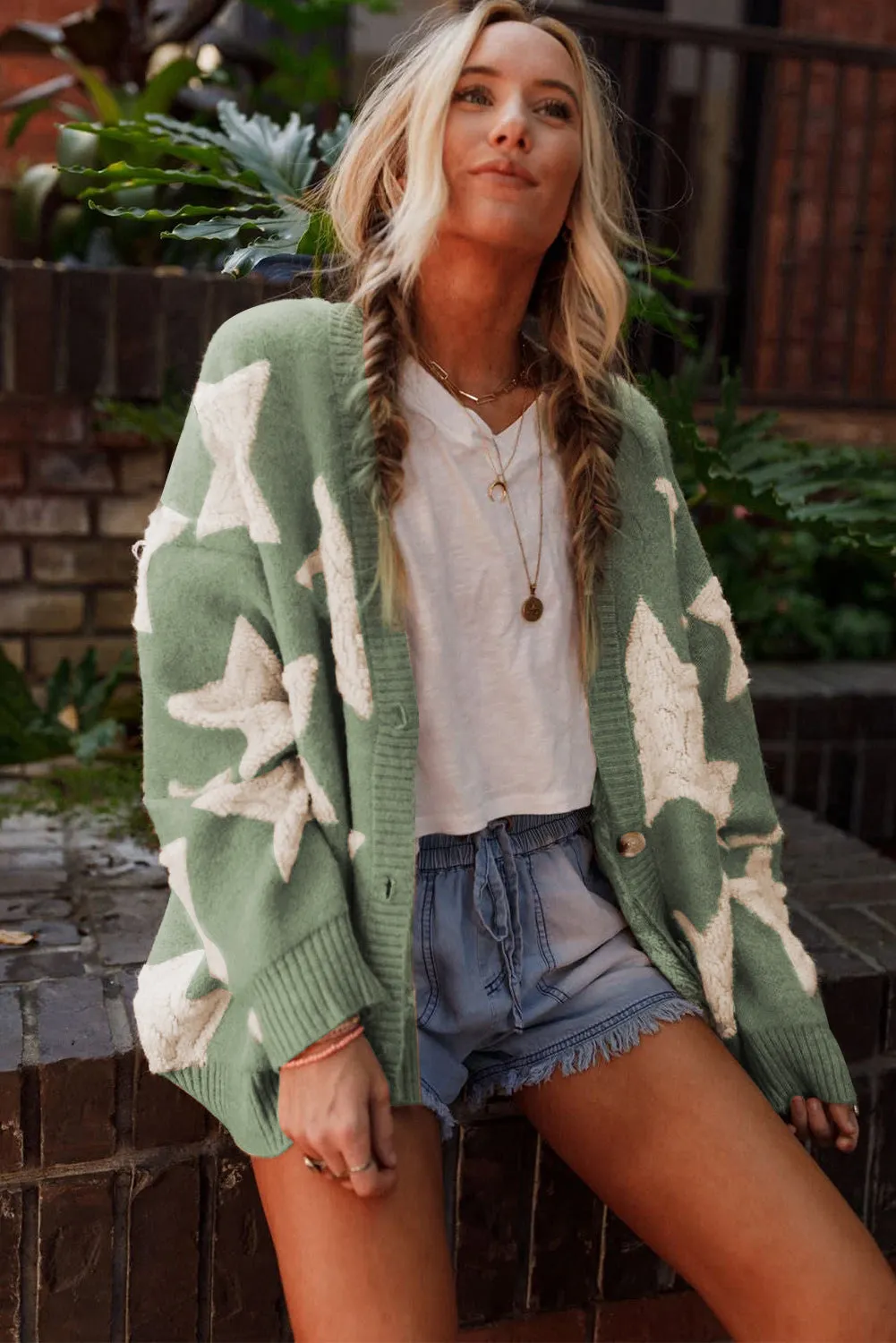 Green Sherpa Star Pattern Textured Sweater Cardigan with Pockets sold by eAura product image thumbnail 4