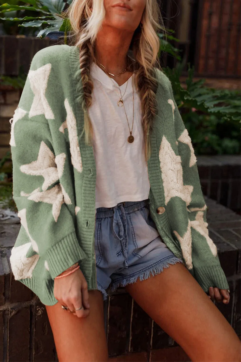 Green Sherpa Star Pattern Textured Sweater Cardigan with Pockets sold by eAura product image thumbnail 2