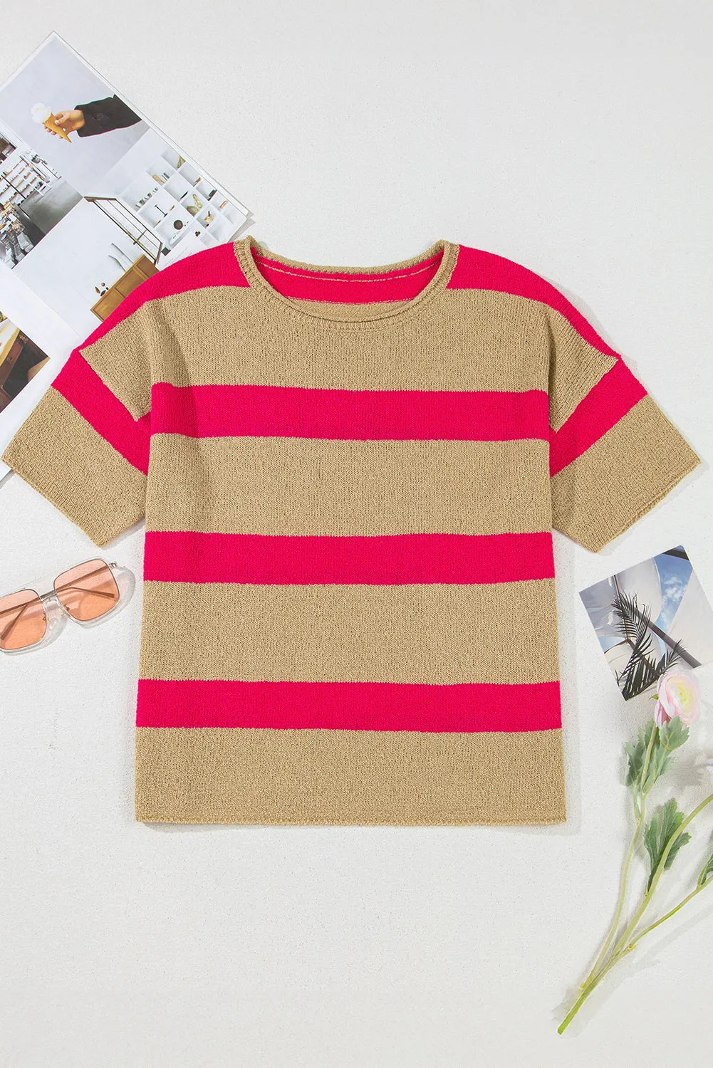 Pink Stripe Short Sleeve Lightweight Sweater sold by eAura product image thumbnail 5