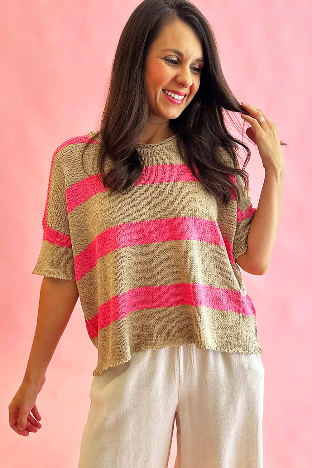 Pink Stripe Short Sleeve Lightweight Sweater sold by eAura product image thumbnail 3