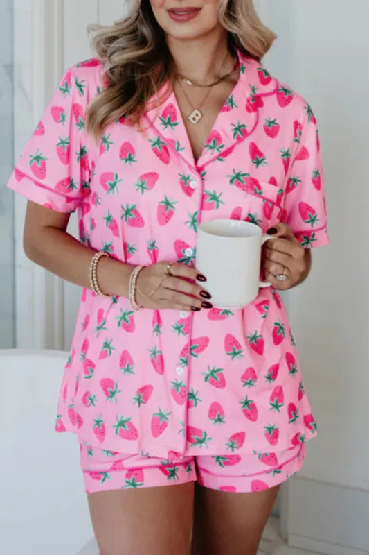 Pink Strawberry Print Lapel Collar Top and Shorts Pyjama Set sold by eAura