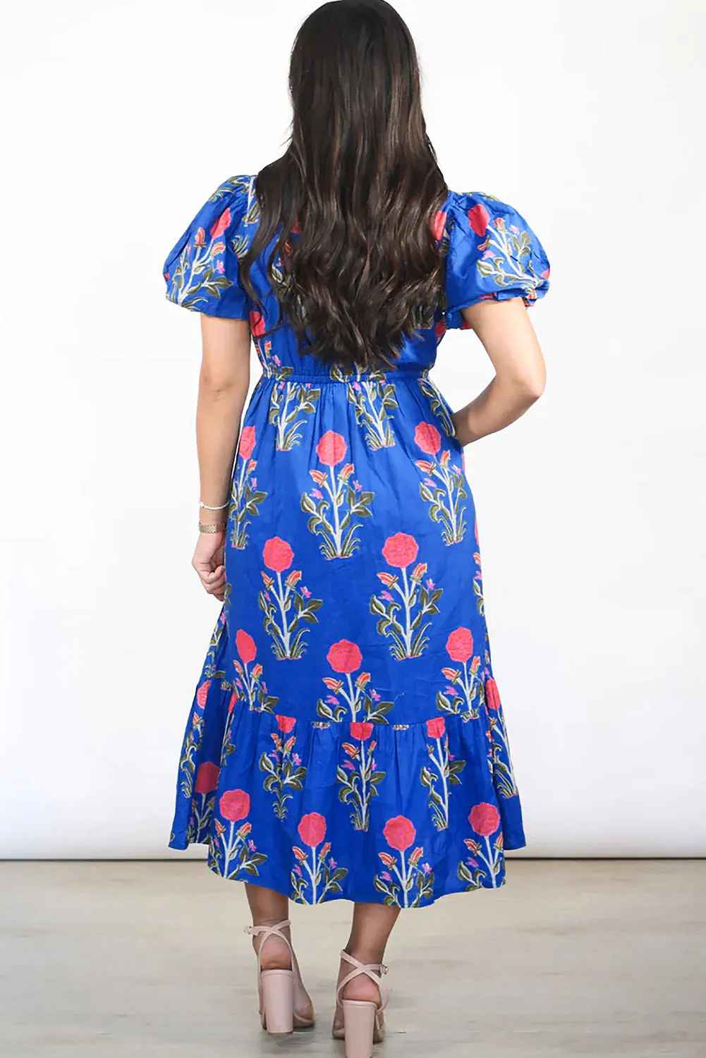 Floral Puff Short Sleeve V Neck High Waist Maxi Dress sold by eAura product image thumbnail 2
