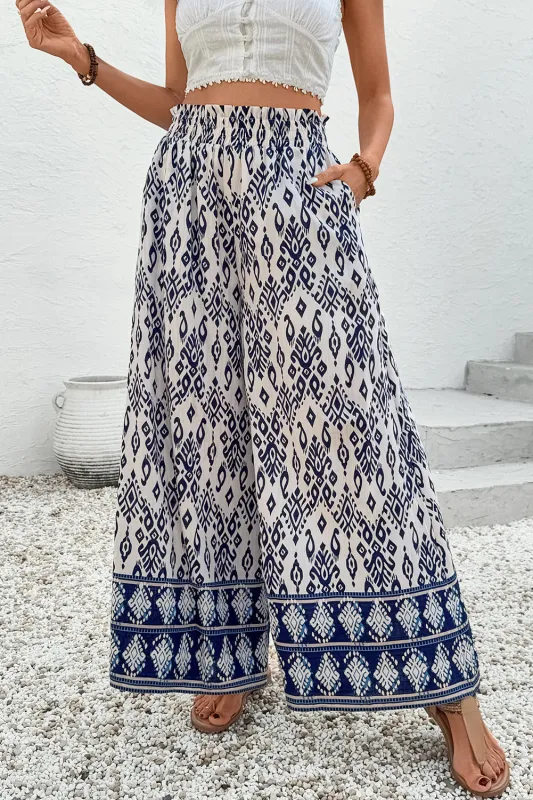 Blue Boho Pattern Print High Waist Wide Leg Loose Trousers sold by eAura