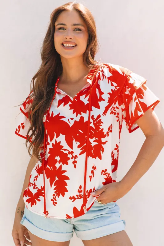 Red Plant Print Tiered Ruffled Sleeve V Neck Blouse sold by eAura