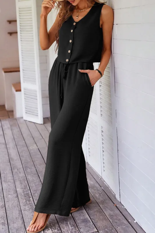 Black Buttoned Vest Drawstring Wide Leg Trousers Co-ord Set sold by eAura