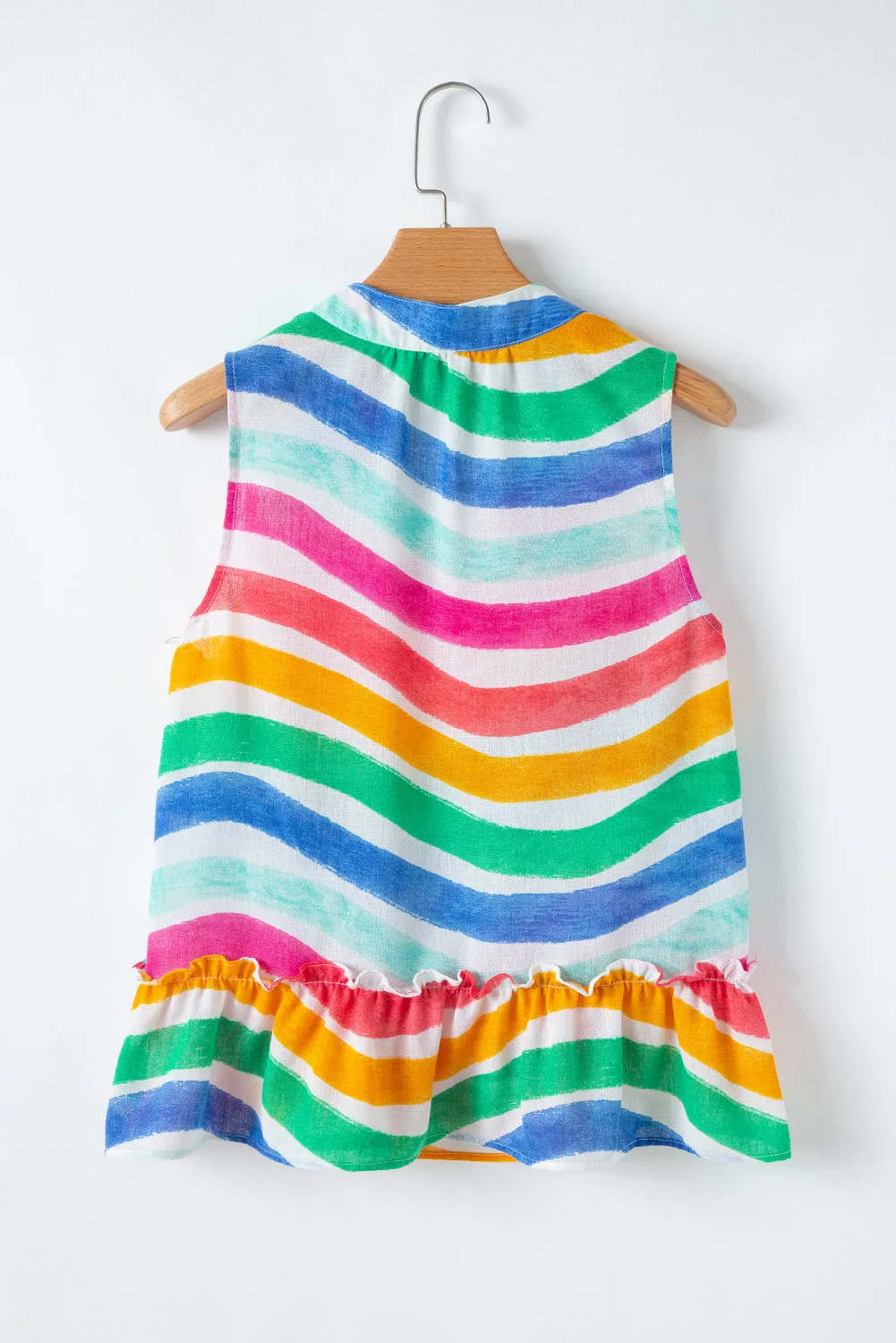 Rainbow Striped Ruffled Hem Drawstring V Neck Sleeveless Top sold by eAura product image thumbnail 4