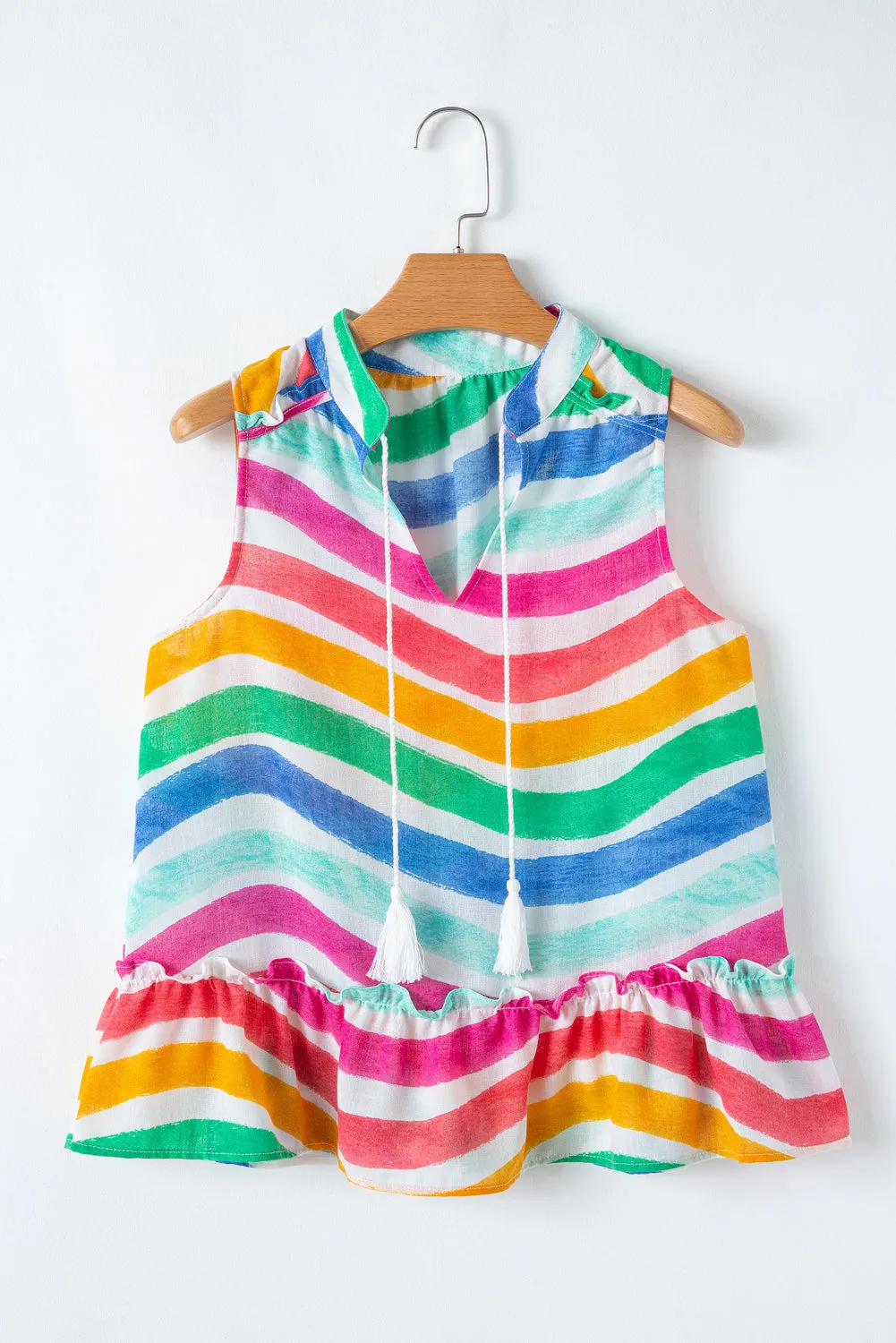 Rainbow Striped Ruffled Hem Drawstring V Neck Sleeveless Top sold by eAura product image thumbnail 3