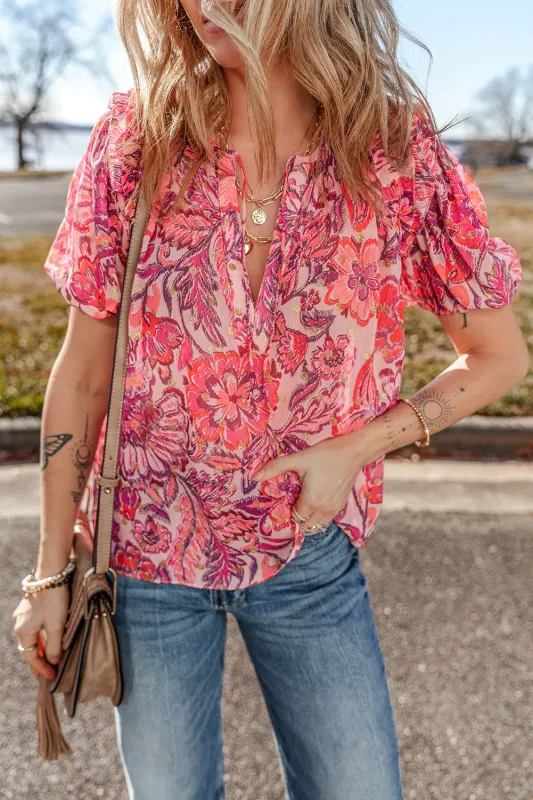 Red Floral Print Ruffled Puff Short Sleeve Blouse sold by eAura