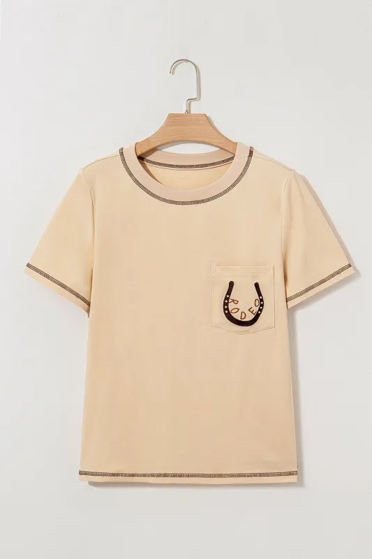 Beige RODEO Horseshoe Embroidered Patch Pocket T Shirt made by eAura