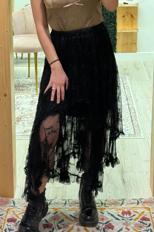 Black Lace Cascading Tiered High Waist Maxi Skirt sold by eAura