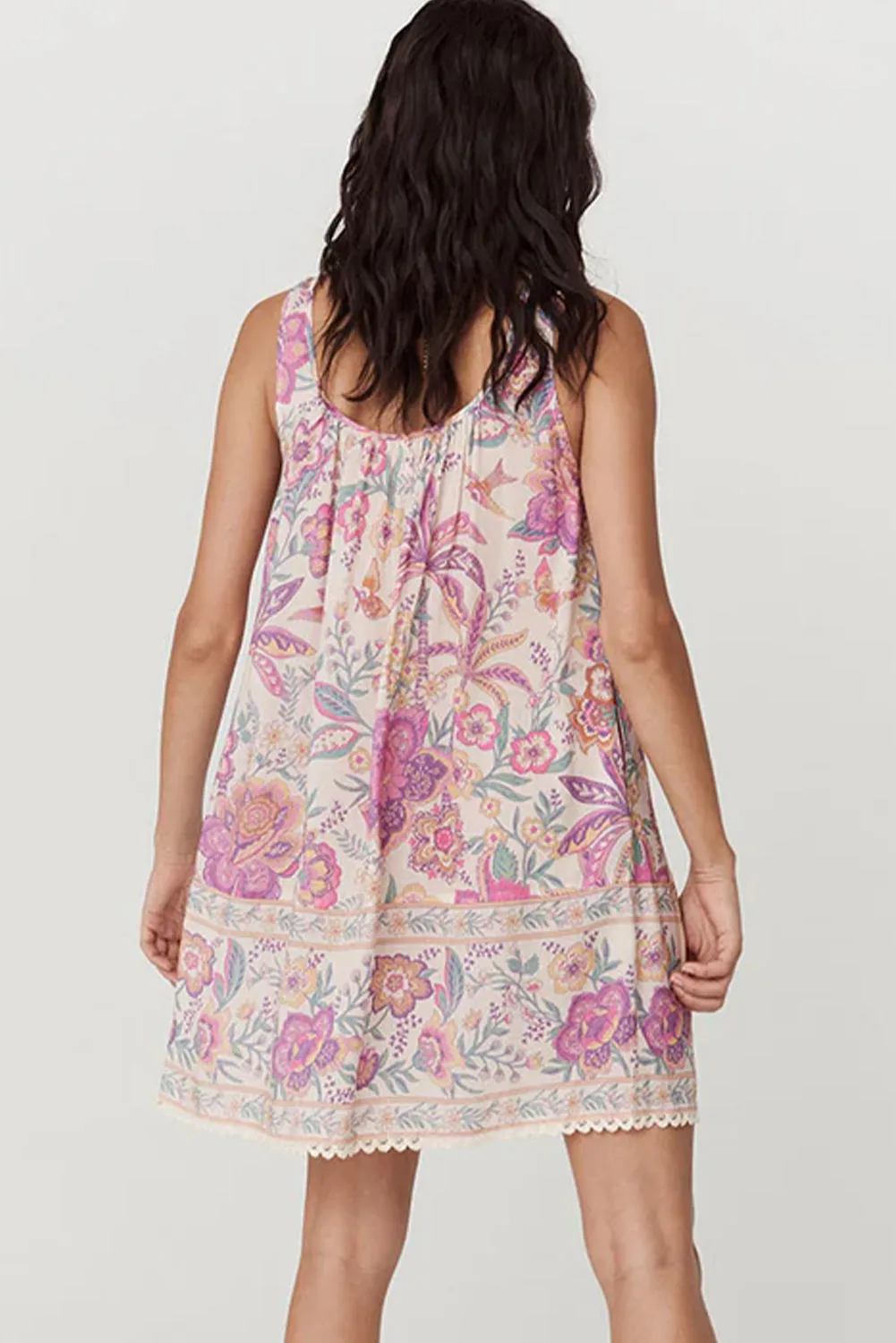 Multicolour Floral Print Fringed Tie U Neck Sleeveless Mini Dress sold by eAura product image thumbnail 2