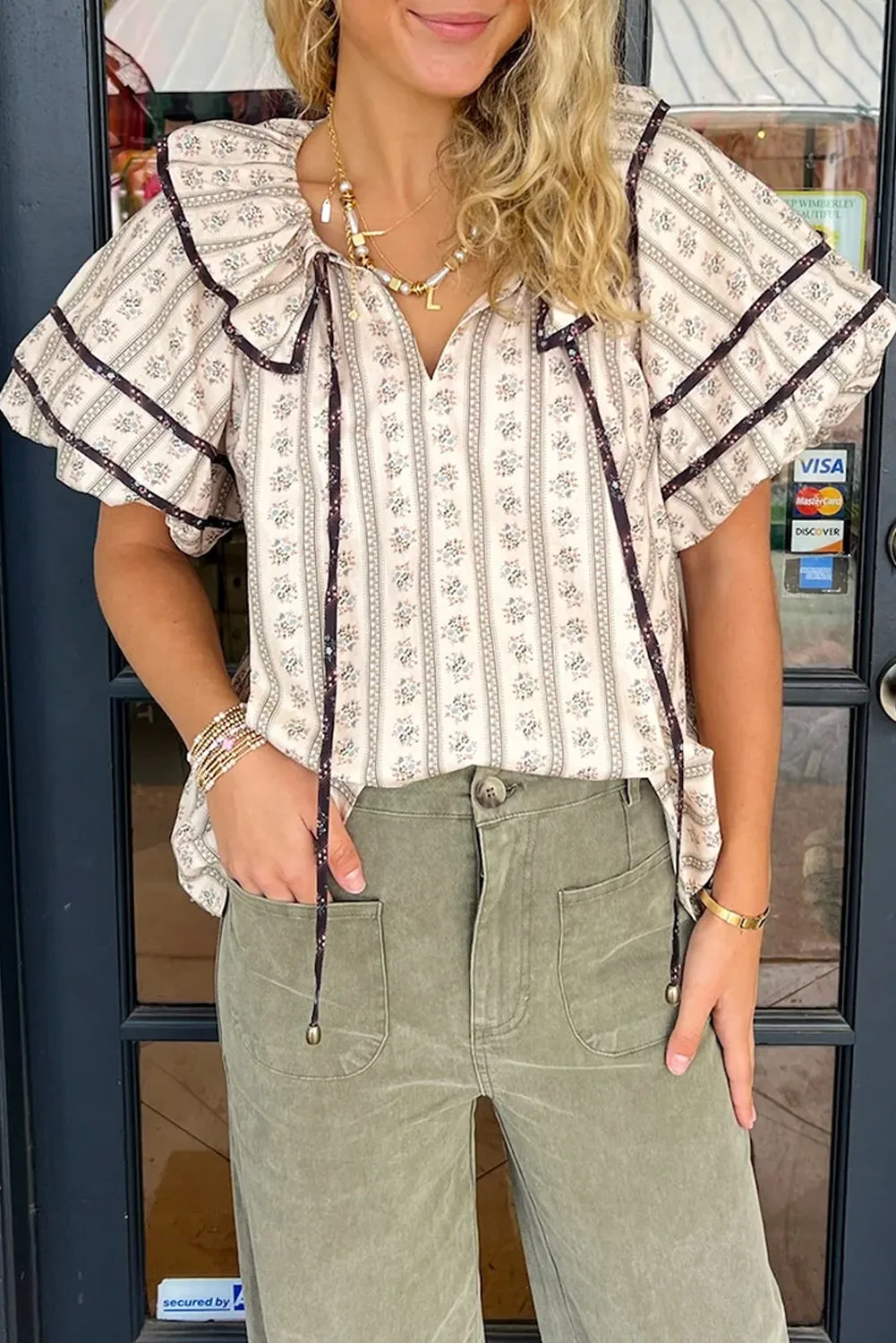 White Floral Ruffled Collar Short Puff Sleeve Printed Blouse sold by eAura product image thumbnail 3