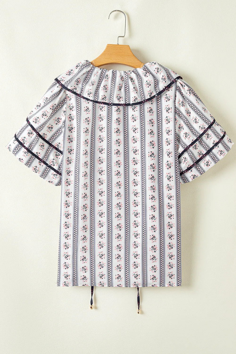 White Floral Ruffled Collar Short Puff Sleeve Printed Blouse sold by eAura product image thumbnail 5