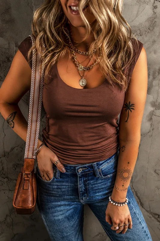 Coffee Solid Colour U Neck Slim Fit Tank Top sold by eAura