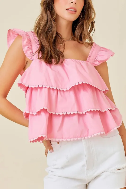 Pink Tiered Heart Trim Square Neck Flutter Top sold by eAura