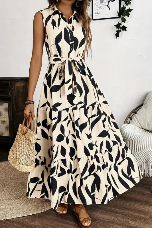 Apricot Abstract Print Knot Waist Collar Sleeveless Maxi Dress sold by eAura