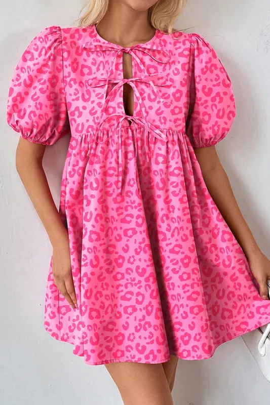 Rose Leopard Puff Sleeve Tie Front High Waist Mini Dress sold by eAura