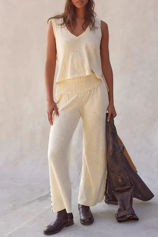 Beige Semi-Sheer Sleeveless Top and Smocked Waist Trousers Set Co-ord sold by eAura